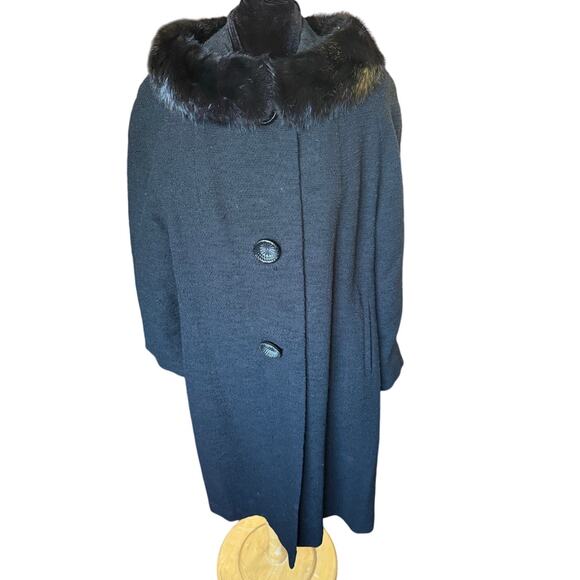Vintage Betty Rose Black Wool Coat Fur Collar Mob Wife Jacket Small Union Made - Picture 1 of 8